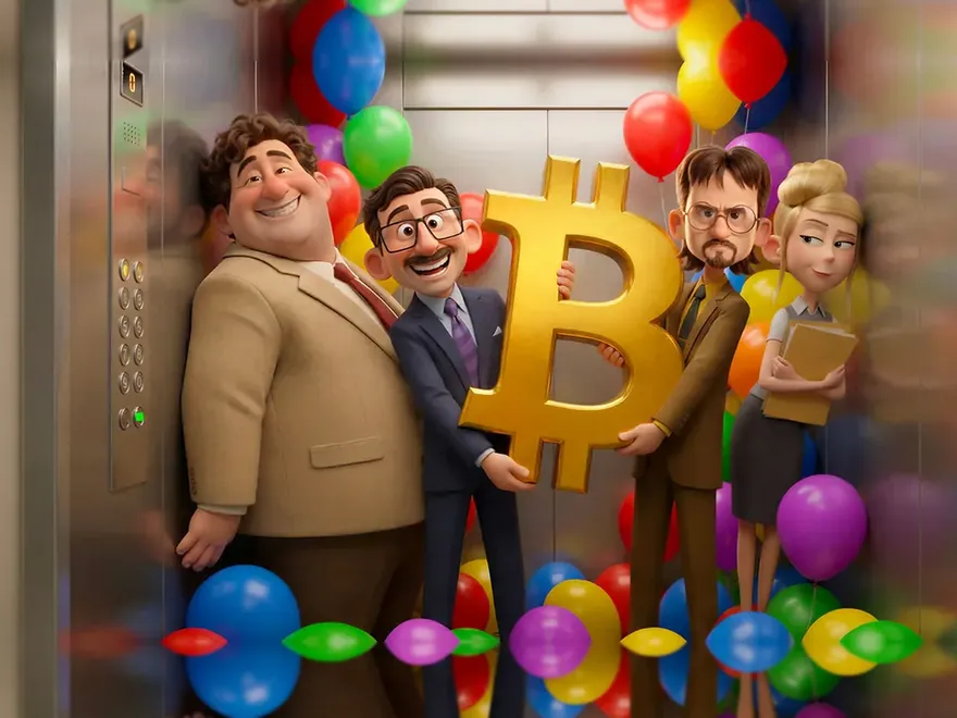SpinBoss Casino crypto casino banner – four colleagues squeezed into a lift full of balloons, holding a big golden Bitcoin sign