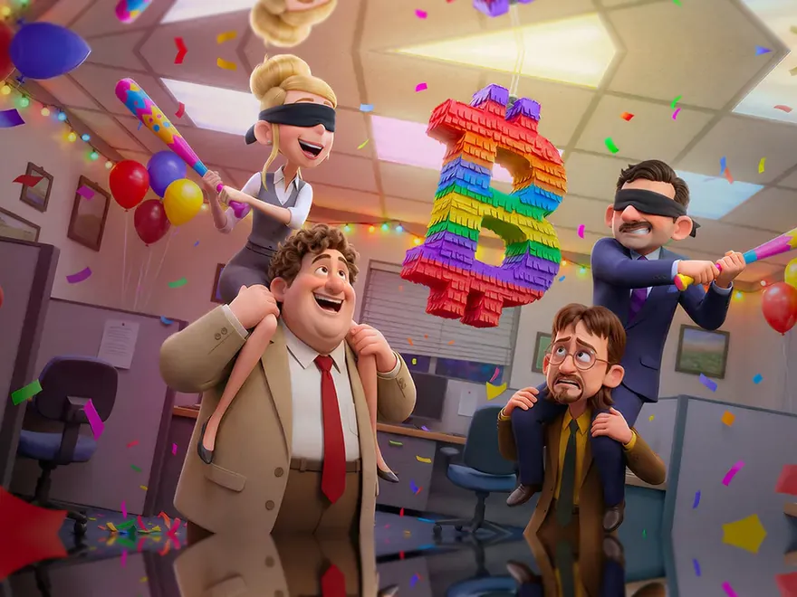 SpinBoss Casino crypto sportsbook banner – an office party in confetti, two blindfolded colleagues on shoulders swinging at a rainbow Bitcoin piñata