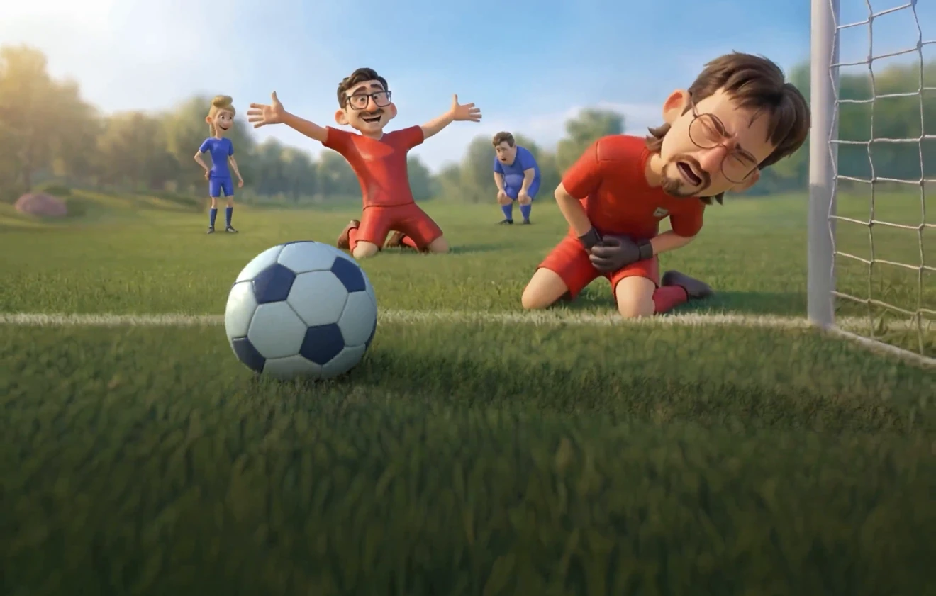 SpinBoss Casino sportsbook banner – the office team on a football pitch: the manager in a red kit celebrating on his knees, the keeper doubled over the ball and a goal net on either side